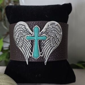 Brown Leather Strap Bracelet with Silver Angel Wings And Turquoise Blue Cross